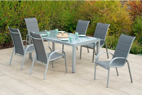 Merxx Gartenmöbelset Amalfi 7-teilig aus Aluminium und Textil in Grau mit Tisch und 6 stapelbaren Sesseln, Tisch B: 190 cm, T: 100 cm - Bild 1