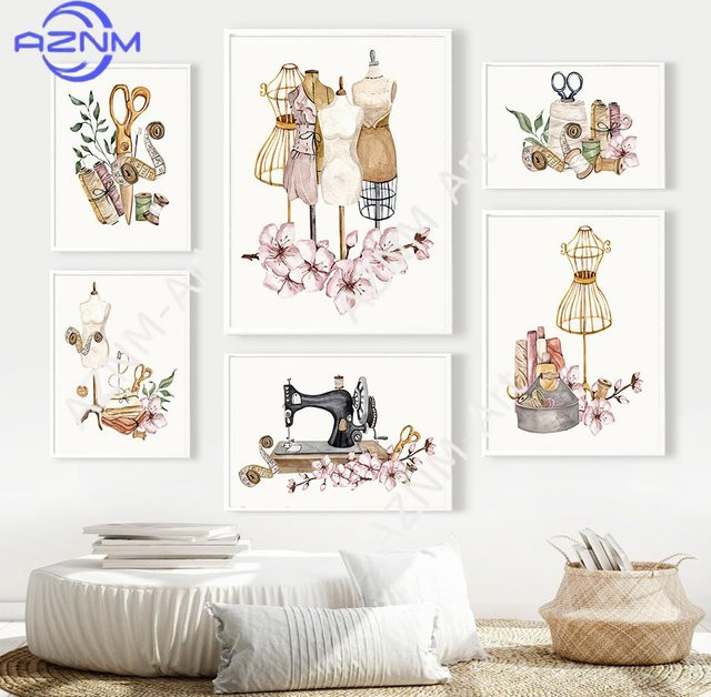KAYOU Vintage Nähmaschine Wandkunst Leinwanddruck mit Blumen Motiv in Multicolour als botanisches Poster für deine Wohnzimmerdekoration - Bild 1