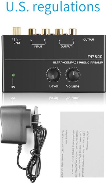 YJMP Electronic PP500 Ultrakompakter Phono-Vorverstärker in Schwarz mit Pegel- und Lautstärkeregler, Cinch-Ein- und Ausgang sowie 1/4 TRS-Ausgang für LP-Vinyl-Plattenspieler - Bild 1