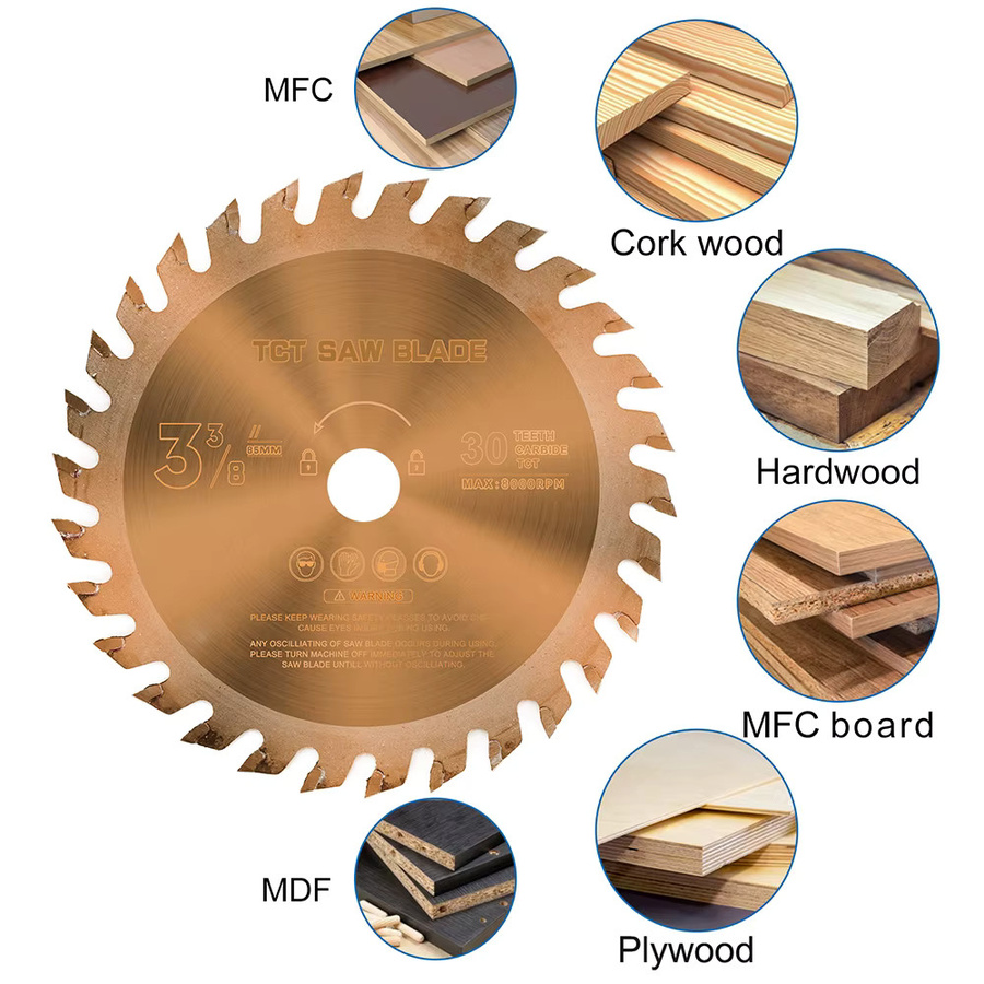 XCAN Kreissägeblatt TCT Hartmetall mit TiCN Beschichtung für Holzbearbeitung, Durchmesser: 85 mm, Bohrung: 10 mm oder 15 mm, erhältlich mit 24, 30 oder 36 Zähnen - Bild 3