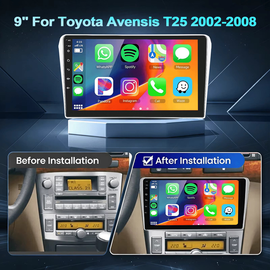 ESSGOO Android 15 Autoradio für Toyota Avensis T25 2002-2008 mit 9 Zoll IPS Touchscreen, 4+64G, GPS-Navigation, Wireless Carplay, Android Auto, Bluetooth und Wifi, Schwarz - Bild 2