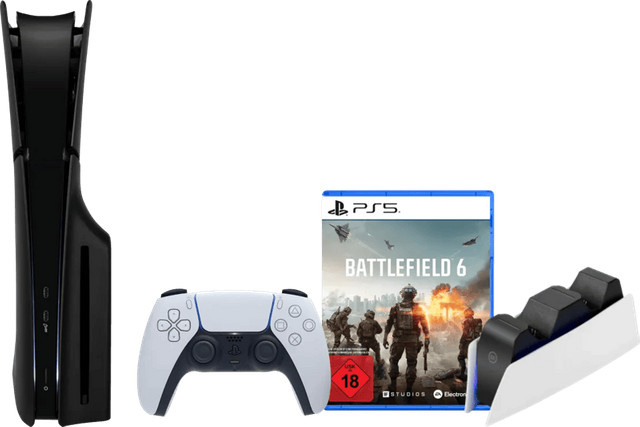 Sony PlayStation 5 Slim Spielekonsole mit Laufwerk, Battlefield 6, schwarzen Covern und Ladestation - Bild 1