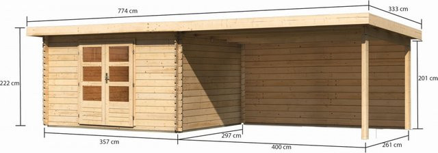 Gartenhaus Holz BASTRUP 7 Blockbohlenhaus Naturbelassen mit Anbaudach und Rückwand B/T/H: 357 x 297 cm, Wandstärke: 28 mm - Bild 1