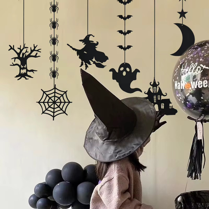 CYZIWEIN Halloween Dekoration Girlande mit Spinnen, Geistern und Fledermäusen in Schwarz - Bild 2