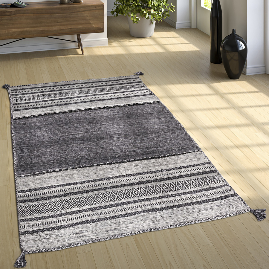 Handwebteppich Kilian in Grau im Boho-Stil aus Baumwolle, B/T: 120 x 170 cm - Bild 3
