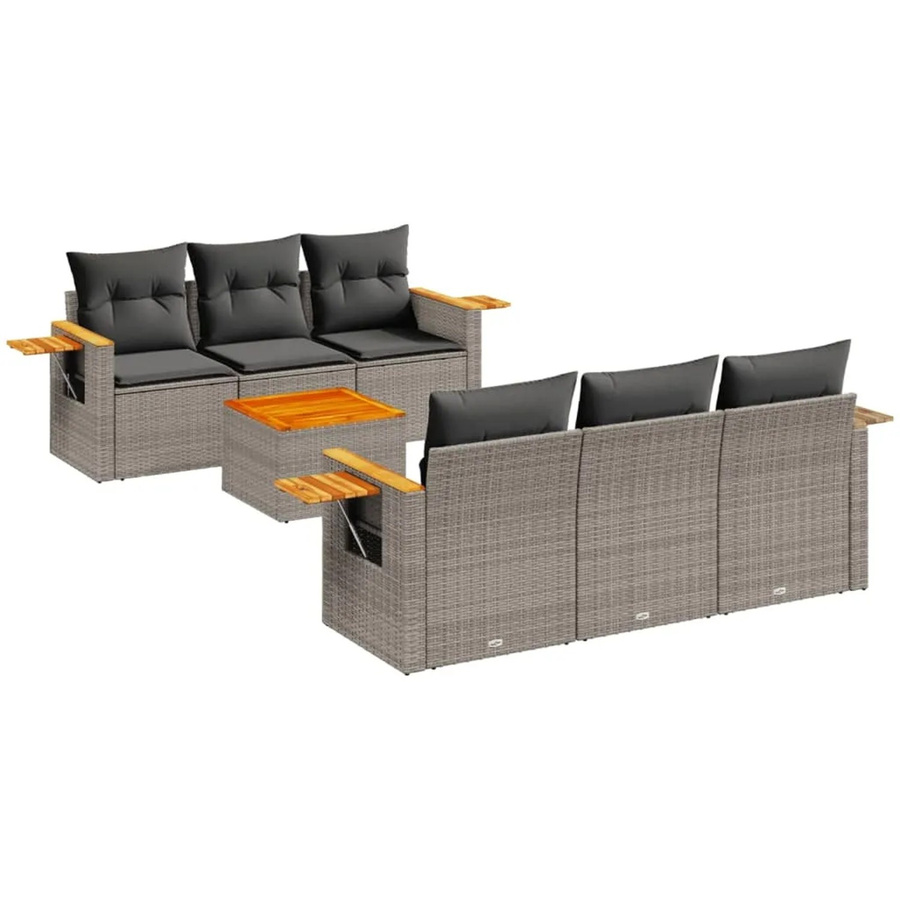 vidaXL 7-teilige Garten-Sofagarnitur in L-Form aus grauem PE-Rattan mit Akazienholz und Kissen - Bild 2