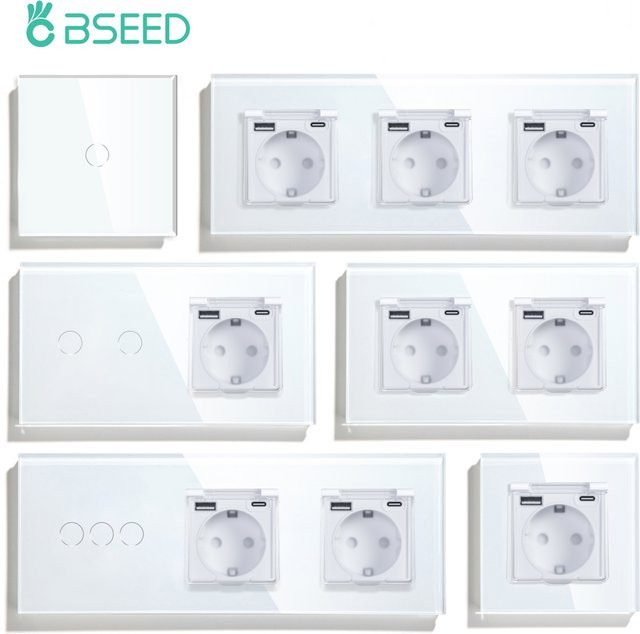 Besamen Touch-Lichtschalter mit Glasscheibe, wasserdichter LED-Schalter mit USB- und Typ-C-Buchse, Farbe: Weiß/Transparent - Bild 1