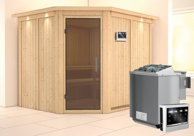 Karibu Sauna MALIN mit BioKombiofen 9.0 kW, Dachkranz und Ganzglastür, Farbe: Graphit/Natur - Bild 1
