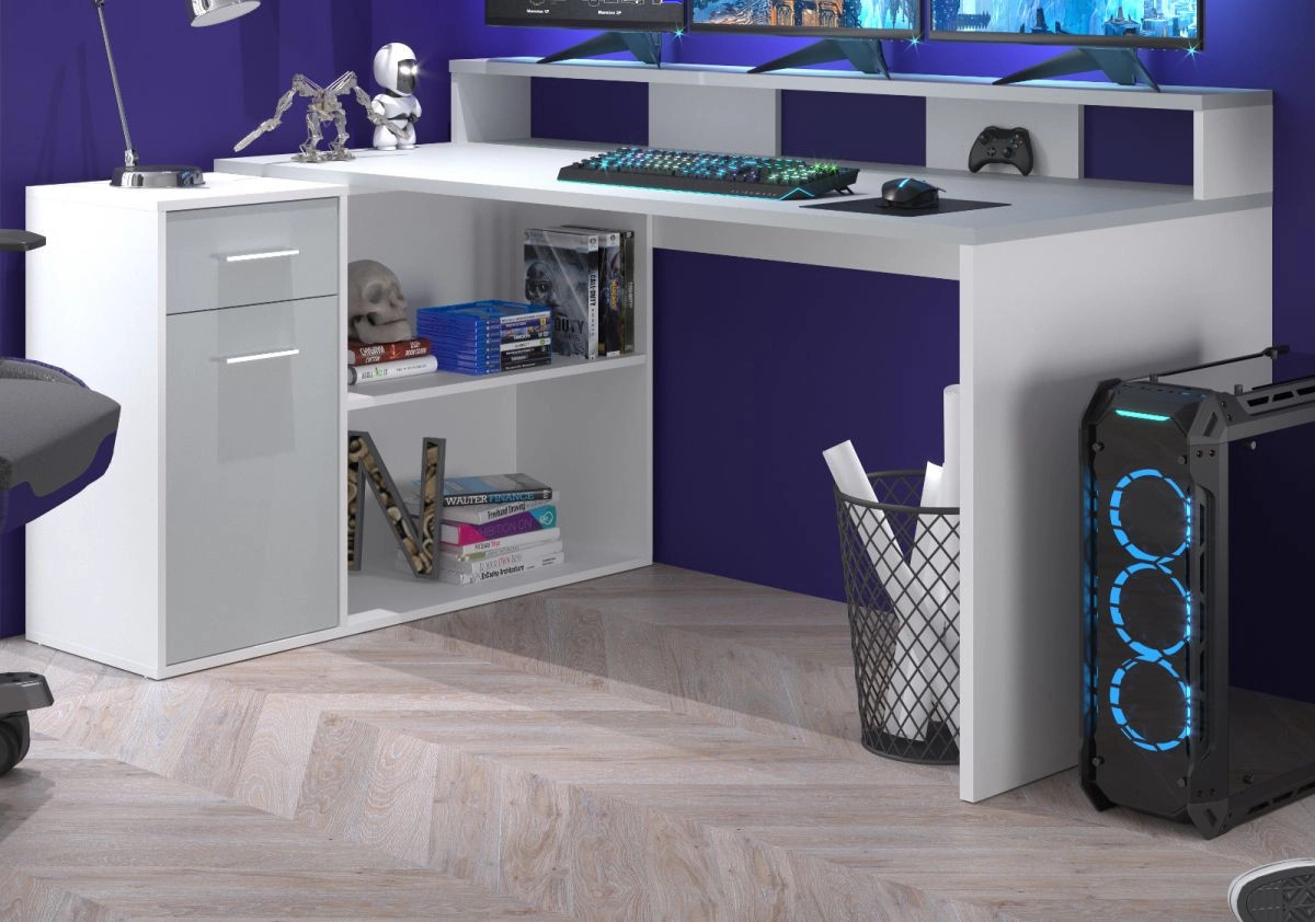 Eckschreibtisch Sektor in Weiß und Grau, moderner Schreibtisch aus MDF und Metall, Breite: 160 cm, Tiefe: 92 cm - Bild 1