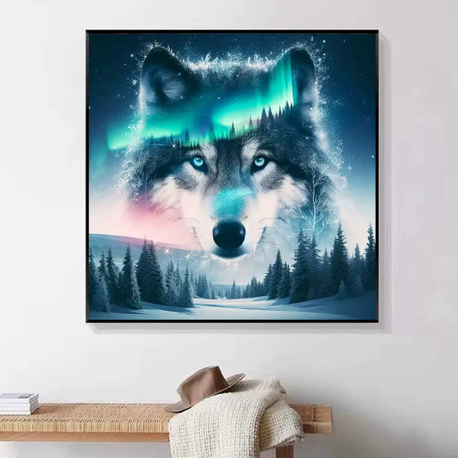 HUACAN DIY Diamant-Malerei Wolf in Nordlichter Landschaft als 5D Kristall Strass Stickerei Set in Multicolor - Bild 4