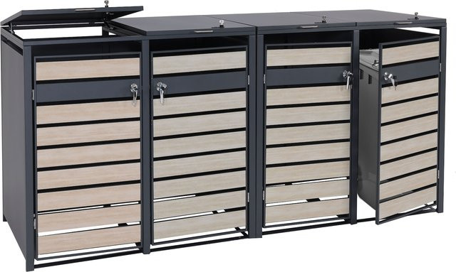 MCW 4er Mülltonnenverkleidung J81 Mülltonnenbox aus Metall in Anthrazit mit Buche-Holzoptik Hellbraun B: 117 cm, T: 80 cm, H: 80 cm - Bild 1