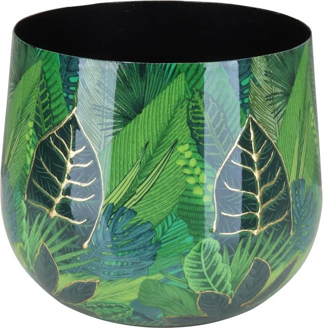 Übertopf Flora von A.H.G. mit Blätterprint in Grün-Gold, Durchmesser: 13 cm, Höhe: 9 cm - Bild 1