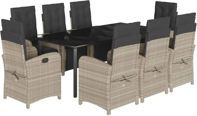 vidaXL 9-teilige Garten-Essgruppe aus Poly-Rattan mit Kissen in Hellgrau und Schwarz mit Hartglas-Tischplatte - Bild 1