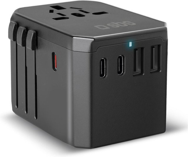 SBS Universal-Reiseadapter mit GaN-Technologie und 70W Leistung in Schwarz mit USB-A und USB-C Anschlüssen - Bild 1