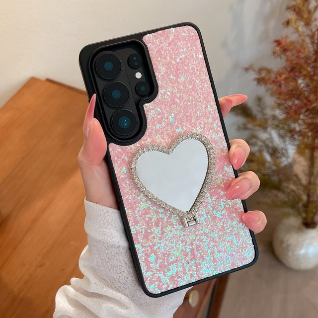 Glänzende herzförmige Make-up-Spiegel Handyhülle für Samsung in Blau mit Glitzer-Schutzhülle - Bild 1