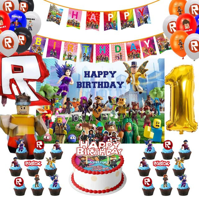 Roblox Geburtstag Dekoration Set mit Banner, Ballons und Kuchenaufsatz in Mehrfarbig für Kinder und Babypartys - Bild 1