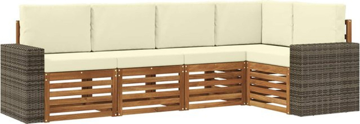 vidaXL Ecksofa Set aus Massivholz Akazie in Natur und Beige mit 5 Kissen, modern und wendbar - Bild 1
