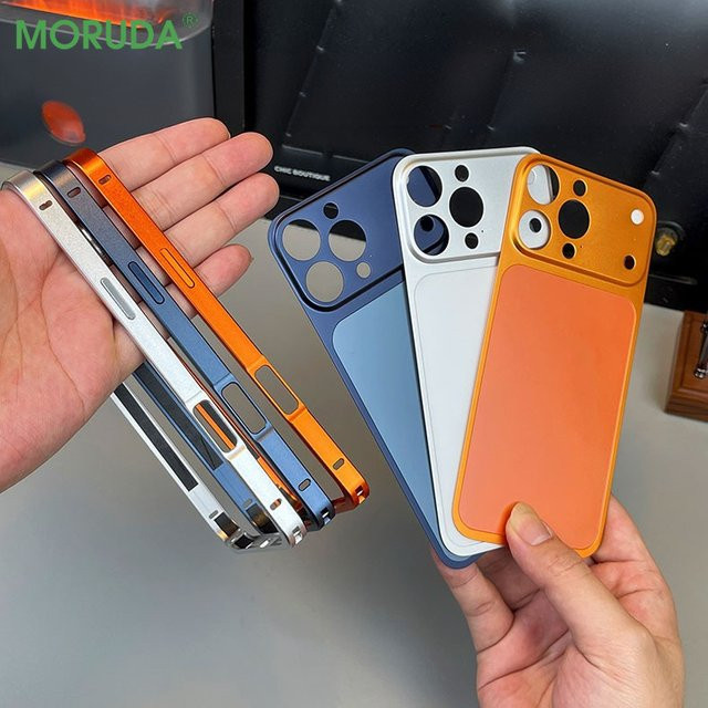 NUCWIN Alloy-Rahmenhülle für iPhone 13 14 15 16 Pro Max mit großem Fenster auf der Rückseite und Schutzfolie in Orange - Bild 1