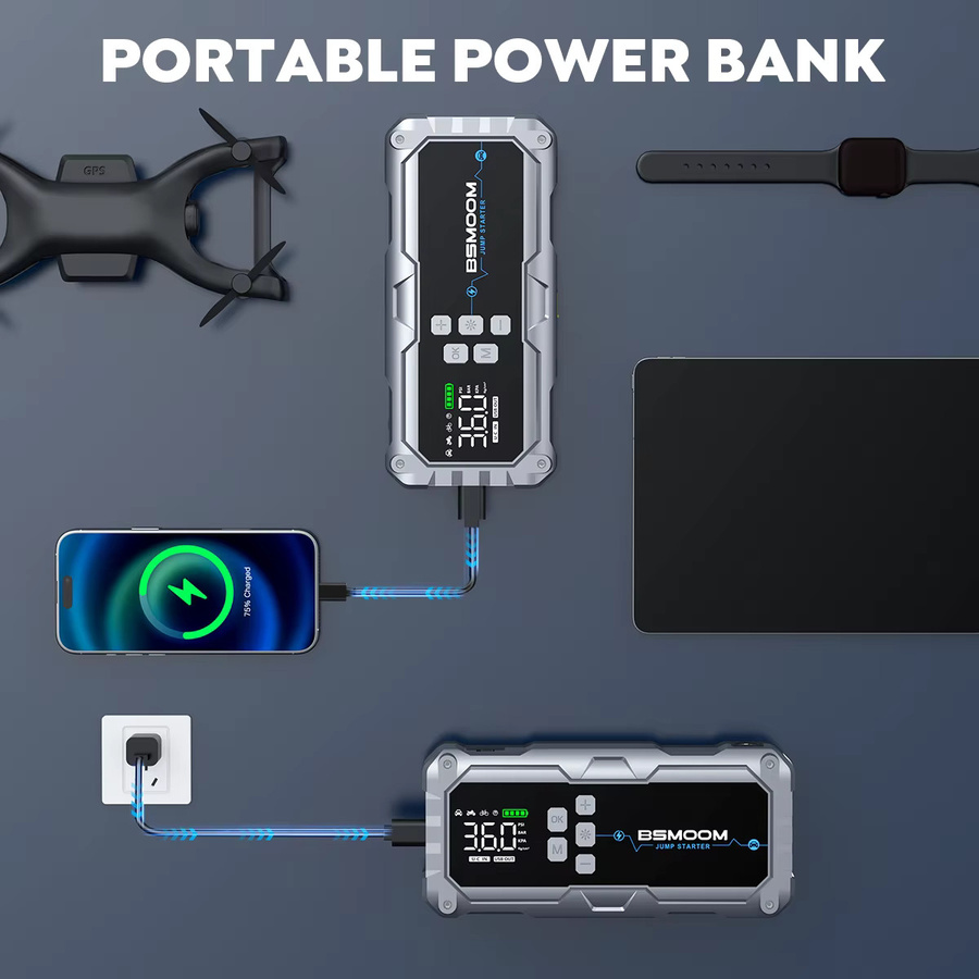 BSMOOM Auto-Starthilfe 1500A Batterie-Powerbank mit LCD-Display und 600LM LED-Licht, tragbarer 12V Notfall-Booster für Benzin- und Dieselmotoren inklusive Starthilfekabel, 26800 mAh - Bild 6