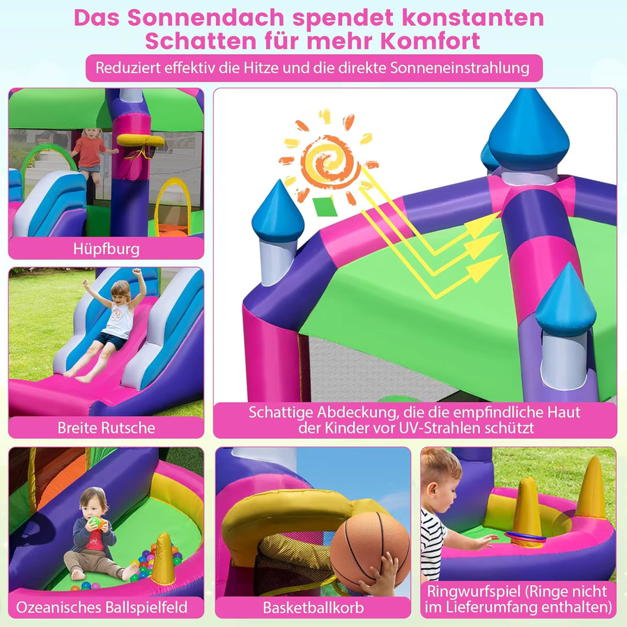 GOFLAME Hüpfburg mit Sonnenüberdachung, Rutsche, Basketballkorb, Bunt / Mehrfarbig, ab 3 Jahre - Bild 6