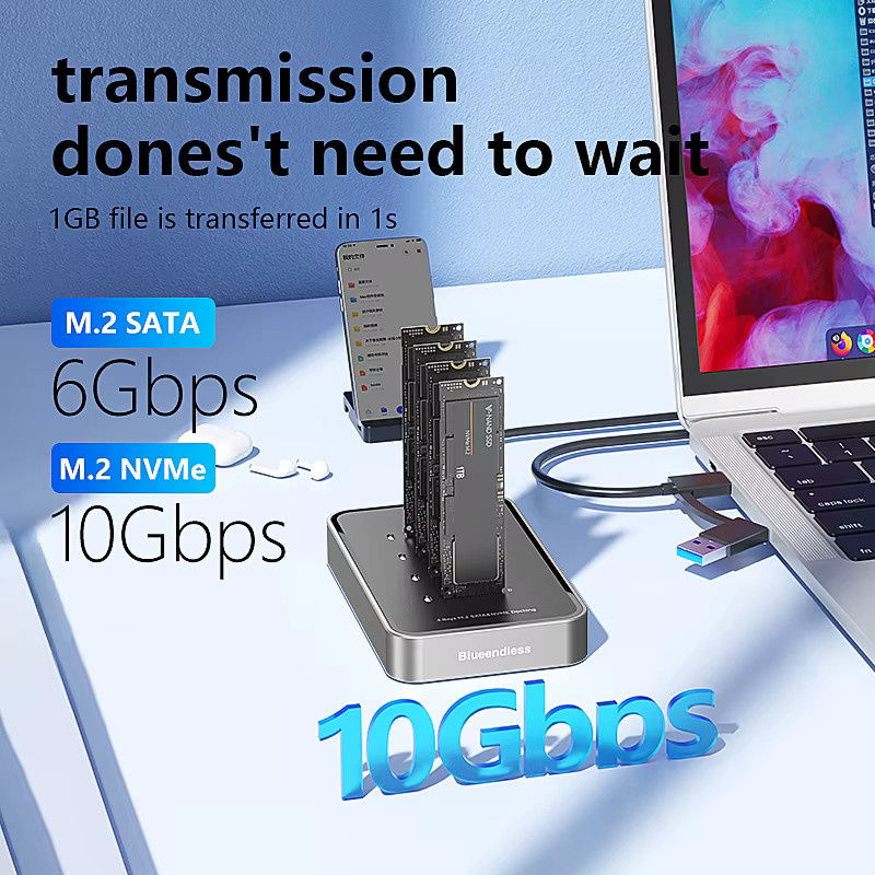 Blueendless 4-Bay M.2 NVMe/SATA SSD-Dockingstation mit USB-C Typ C, USB 3.1 10 Gbit/s, Dual-Protokoll für NVMe PCIe und SATA NGFF, Aluminium-Gehäuse - Bild 2