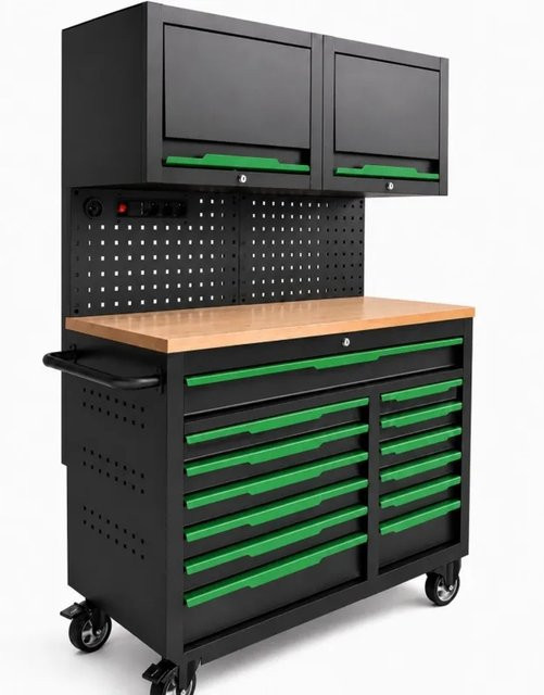 DeTec Werkstattwagen SG42 Industrial Line in Schwarz mit 13 Schubladen, 2 Hängeschränken und Softclose-Funktion, bestückt mit Werkzeug, B/T/H: 196 x 130 x 48 cm - Bild 1