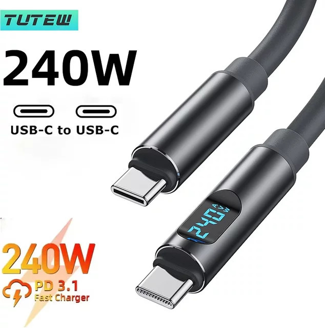 Tutew Typ-C-Kabel mit Leistungsanzeige in Grau, 240 W, 480 Mbit/s für Datenübertragung und PD-Aufladung, kompatibel mit iPhone 15 16 17, Samsung und Huawei - Bild 1