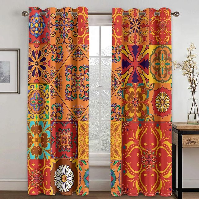 Yiran Furniture Böhmischer Retro-Vorhang mit Boho-Druck aus Polyester, halbtransparent und UV-beständig, Mehrfarbig, B: 60 cm, H: 150 cm, 2er-Set - Bild 1