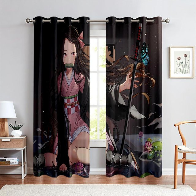 Yiran Furniture Vorhänge mit Cartoon-Anime-Charakteren für Kinderzimmer, 2er-Set, halbtransparent, Polyester, Mehrfarbig, B: 50 cm, H: 130 cm - Bild 1