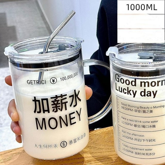 Yuxuan21 Strohglasbecher mit Deckel und Stroh, transparent, 1000 ml - Bild 1