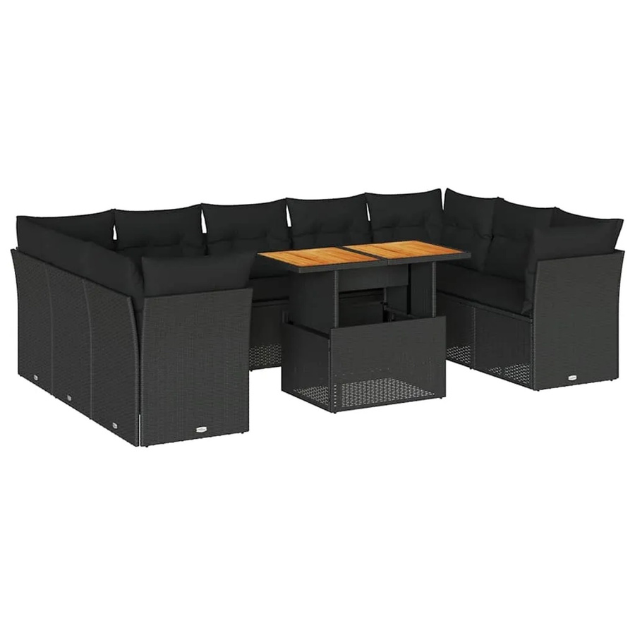 vidaXL 10-teilige Garten-Sofagarnitur in L-Form aus Poly-Rattan und Akazienholz mit Kissen in Schwarz - Bild 2