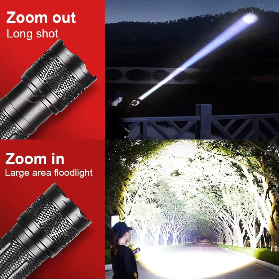 JIASHUAIXIN Taktische LED-Taschenlampe in Schwarz, wiederaufladbar mit 12000 mAh und 3 x 18650-Akkus, wasserdichte Zoom-Taschenlampe aus Metall für Camping und Garten - Bild 4
