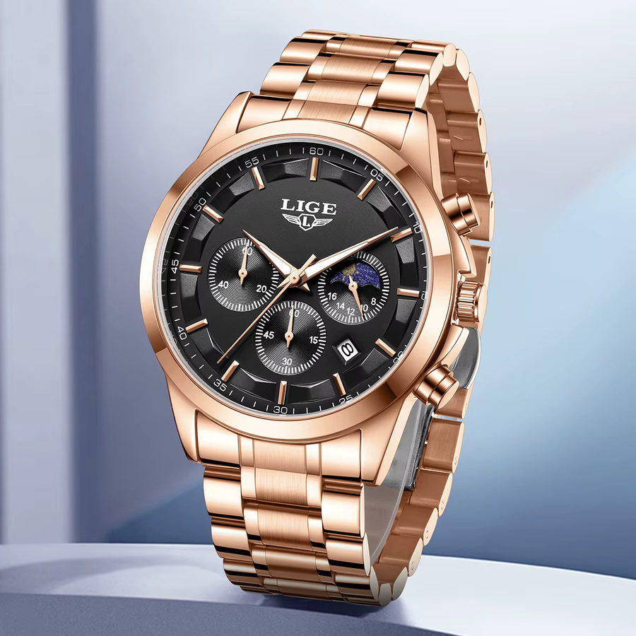 LIGE Armbanduhr Chronograph, Quarz, Edelstahl, Schwarz, Herren - Bild 2