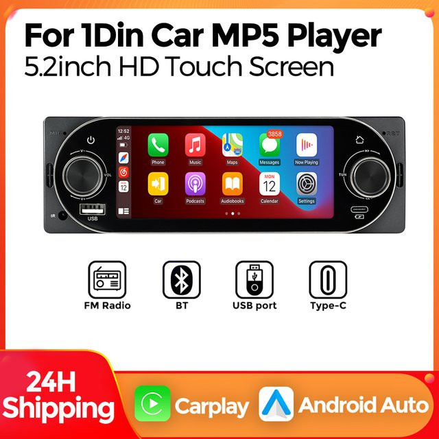 MEKEDE 1DIN Multimedia Auto Radio mit 5,2 Zoll Display, Wireless Carplay, Android Auto, Bluetooth und USB-C, Schwarz - Bild 1