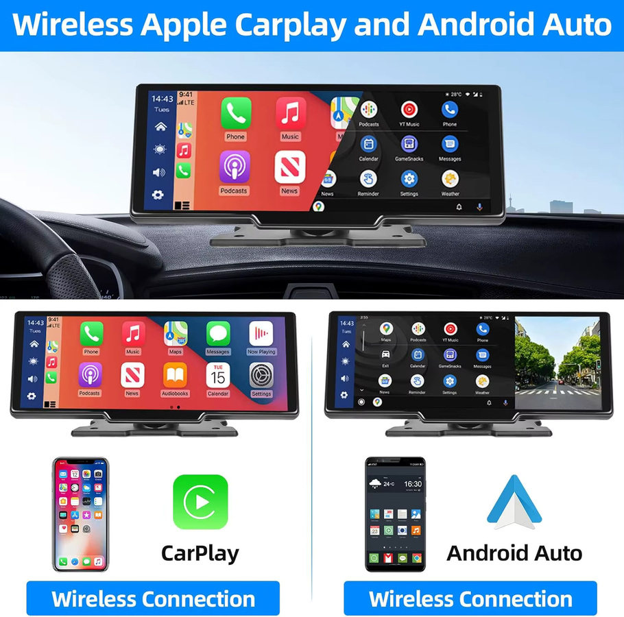 srnubi 10,26 Zoll Carplay Bildschirm für dein Auto mit kabellosem CarPlay und Android Auto, universeller Multimedia-Video-Player in Schwarz mit Bluetooth, AUX und FM - Bild 2