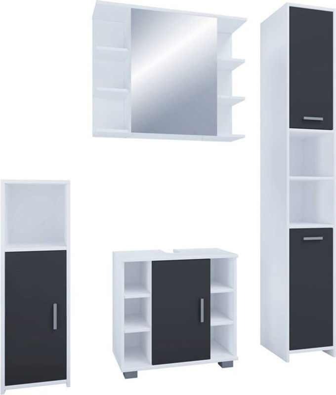 VCM Badmöbelset Zalo II in Weiß und Schwarz, 4-teiliges Badezimmer-Set bestehend aus Unterschrank, Midischrank, Hochschrank und Spiegelschrank, B/H/T: 140 x 180 x 30 cm - Bild 2