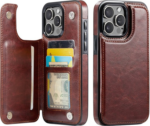 WeFor Brieftaschenhülle aus PU-Leder für iPhone 16 Pro Max, iPhone 16 Plus und iPhone 16 mit Kartenhalter, Ständer und doppeltem Magnetverschluss in Schwarz oder Braun - Bild 1