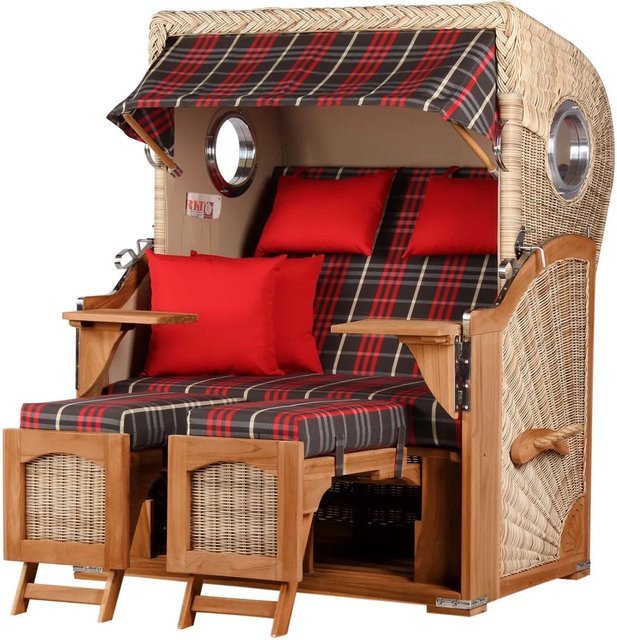 Bene Living Strandkorb Komplettset Ammersee Teak Bullauge PE Shell Modell 529 in Rot - Bild 1