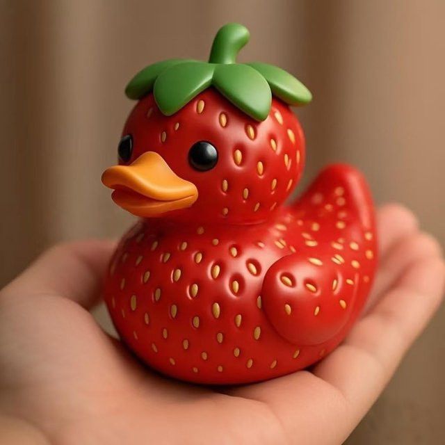 Niedliche Erdbeer-Ente Skulptur aus Kunstharz als dekorative Figur für Schreibtisch, Büro oder Auto - Bild 1