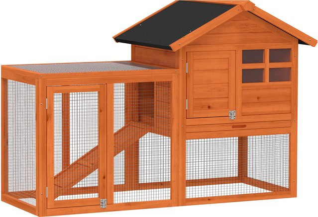 PawHut Hasenstall aus Holz in Orange mit 2 Etagen, wasserdichtem Bitumendach und Freilaufgehege, B/T/H: 123,5 x 62,6 x 92,5 cm - Bild 1