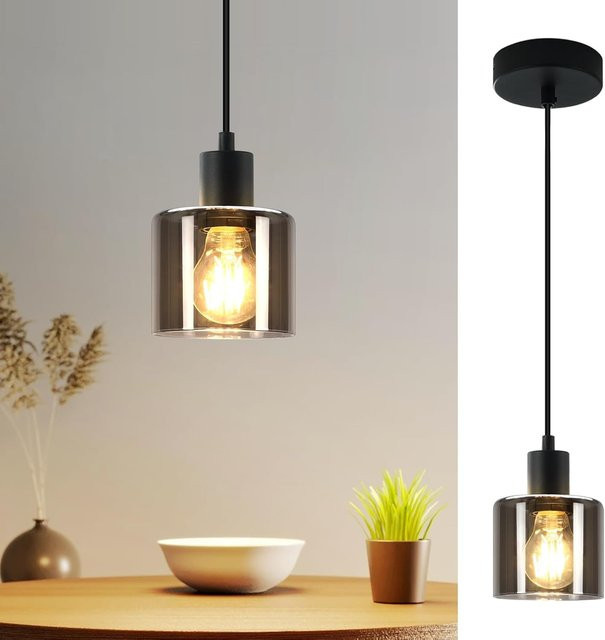 Vintage Pendelleuchte im Industrial Style mit Glaszylinder und E27 Fassung in Schwarz - Bild 1