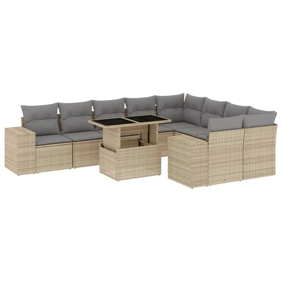 vidaXL 10-tlg. Garten-Sofagarnitur in L-Form aus beige farbenem Poly-Rattan mit Kissen und pulverbeschichtetem Stahlgestell - Bild 2