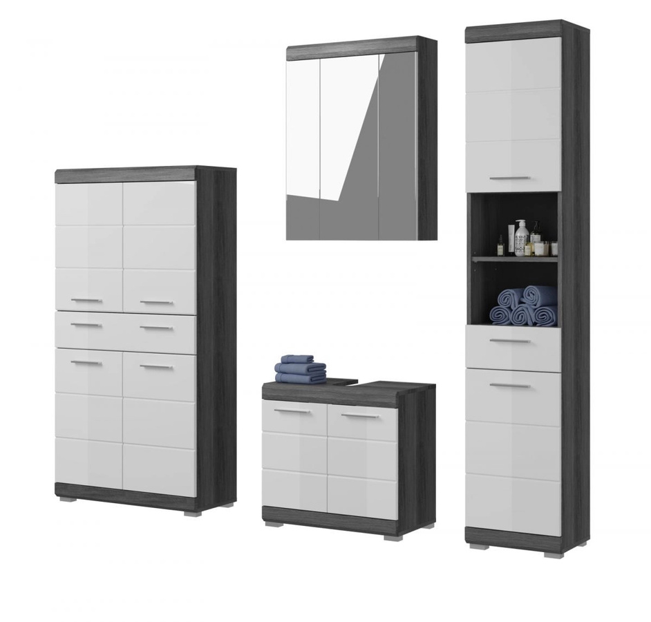 Inn.Furn Badmöbel-Set Shawn in Weiß Hochglanz und Grau, 4-teilig mit LED-Beleuchtung - Bild 2