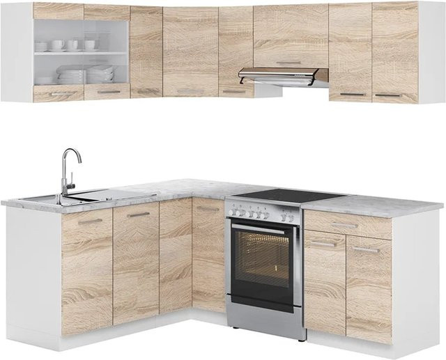 Vicco Küchenzeile Eckküche R-Line in Sonoma Eiche und Weiß mit Marmor-Optik, Breite: 210 cm - Bild 2
