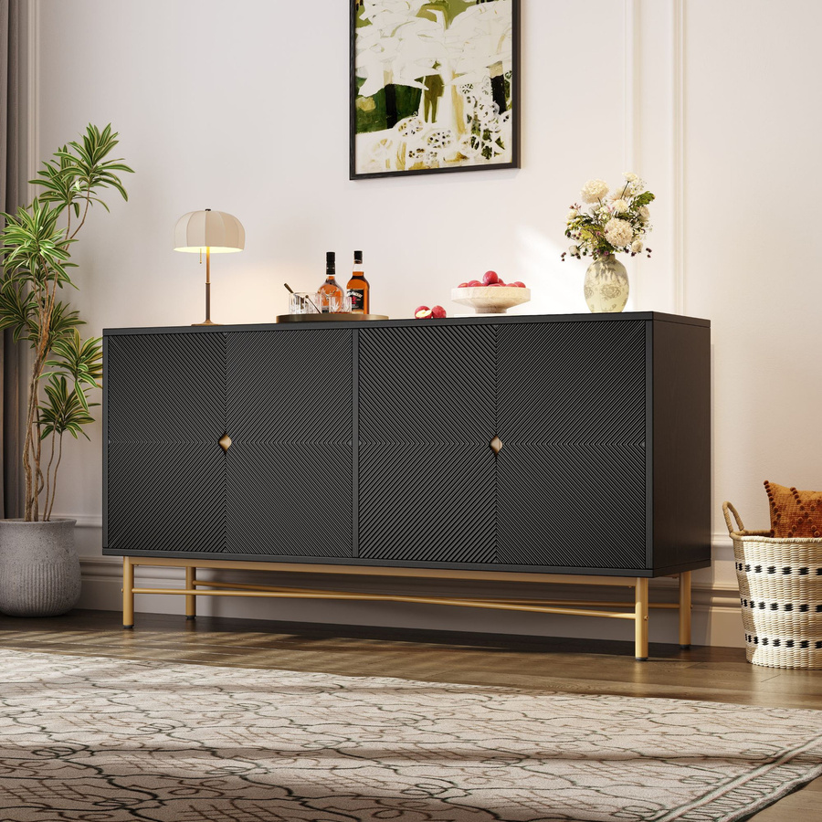Modernes 4-türiges Sideboard von RN Store in Schwarz und Gold mit geometrischer Struktur und Soft-Close-Schubladen, B/T/H: 160 x 40 x 82 cm - Bild 2