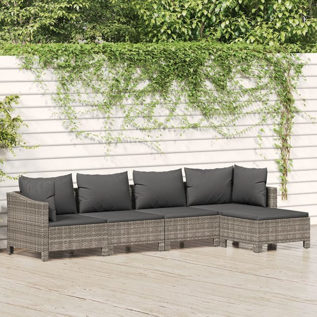 vidaXL 5-tlg. Garten-Lounge-Set in L-Form aus grauem PE-Rattan mit Kissen und pulverbeschichtetem Stahlgestell - Bild 3