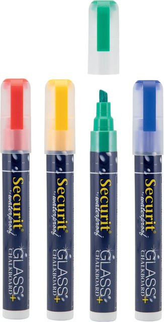 Securit 4er-Set Flüssigkreidestifte Waterproof mit Keilspitze in Gelb, Grün, Rot und Blau für professionelle Anwendungen - Bild 1