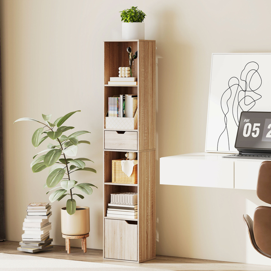 HOMCOM Bücherregal mit Schublade und Schrank in Naturholz, modernes Aufbewahrungsmöbel mit offenen und verstellbaren Fächern für Wohnzimmer, Schlafzimmer oder Büro, B/T/H: 30 x 24 x 158 cm - Bild 2