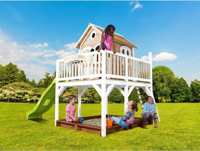AXI Spielturm Liam aus Holz in Braun und Weiß mit lindgrüner Rutsche, B/H/T: 377 x 291 x 255 cm - Bild 1
