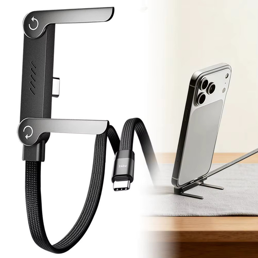 2-in-1 Typ-C zu Typ-C Schnellladekabel mit 240W Leistung und integriertem Gaming-Ellbogen und Telefonständer in Schwarz - Bild 3
